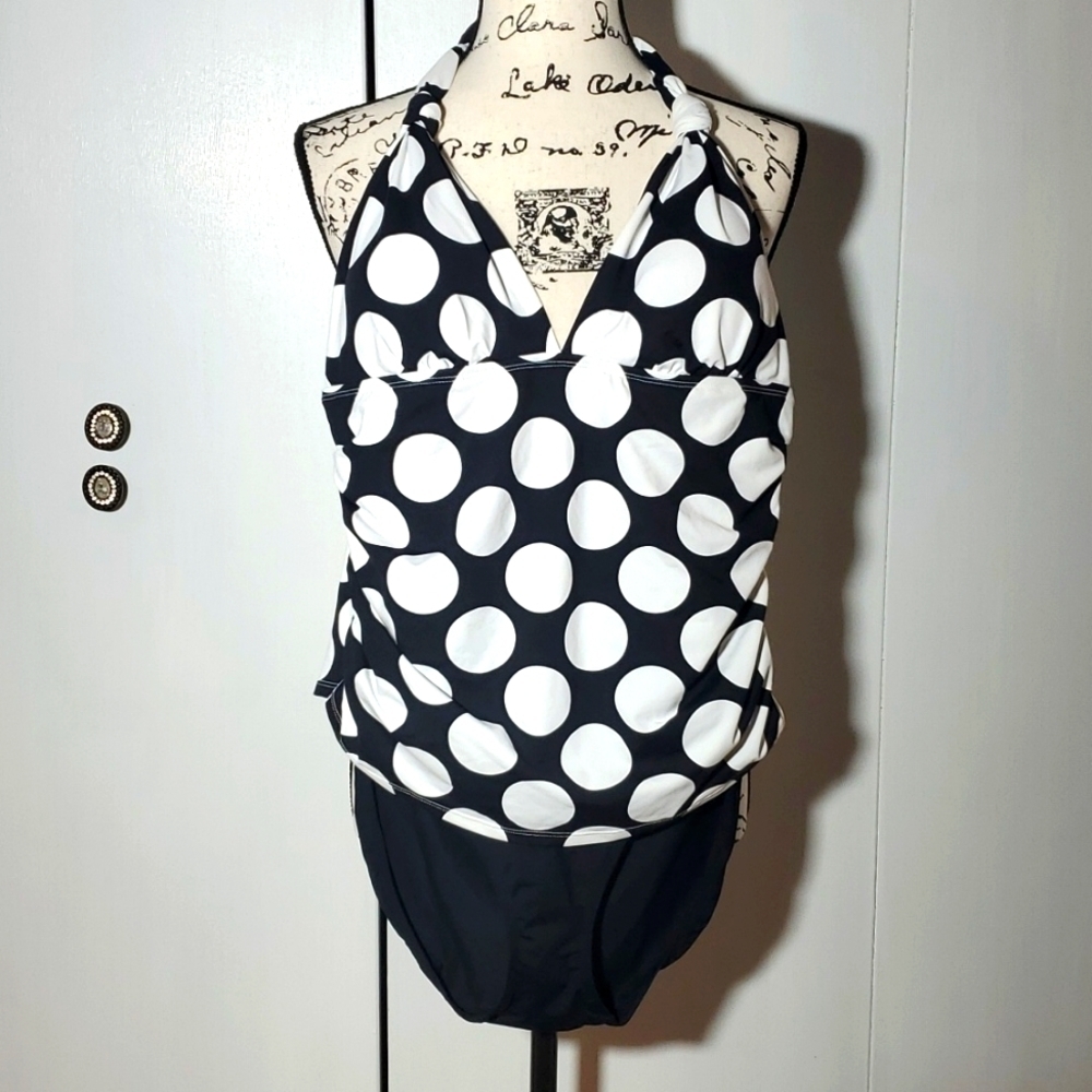 Lauren Ralph lauren |Women's Black & White Polka Dot Swim Suit Trendy Sz.16